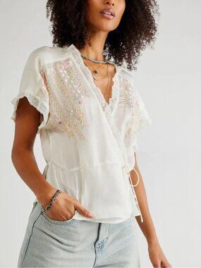 Free People Renee Embroidered Wrap Top in Ivory sz L new